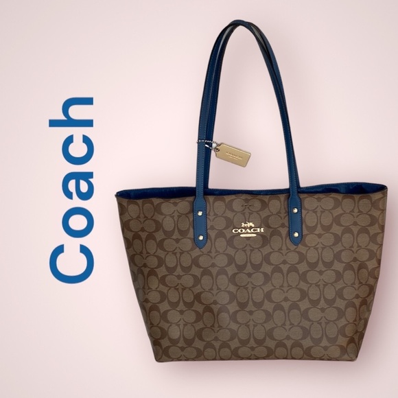 Coach Handbags - Coach Town Structured Tote Bag In Signature Canvas Tan & Blue